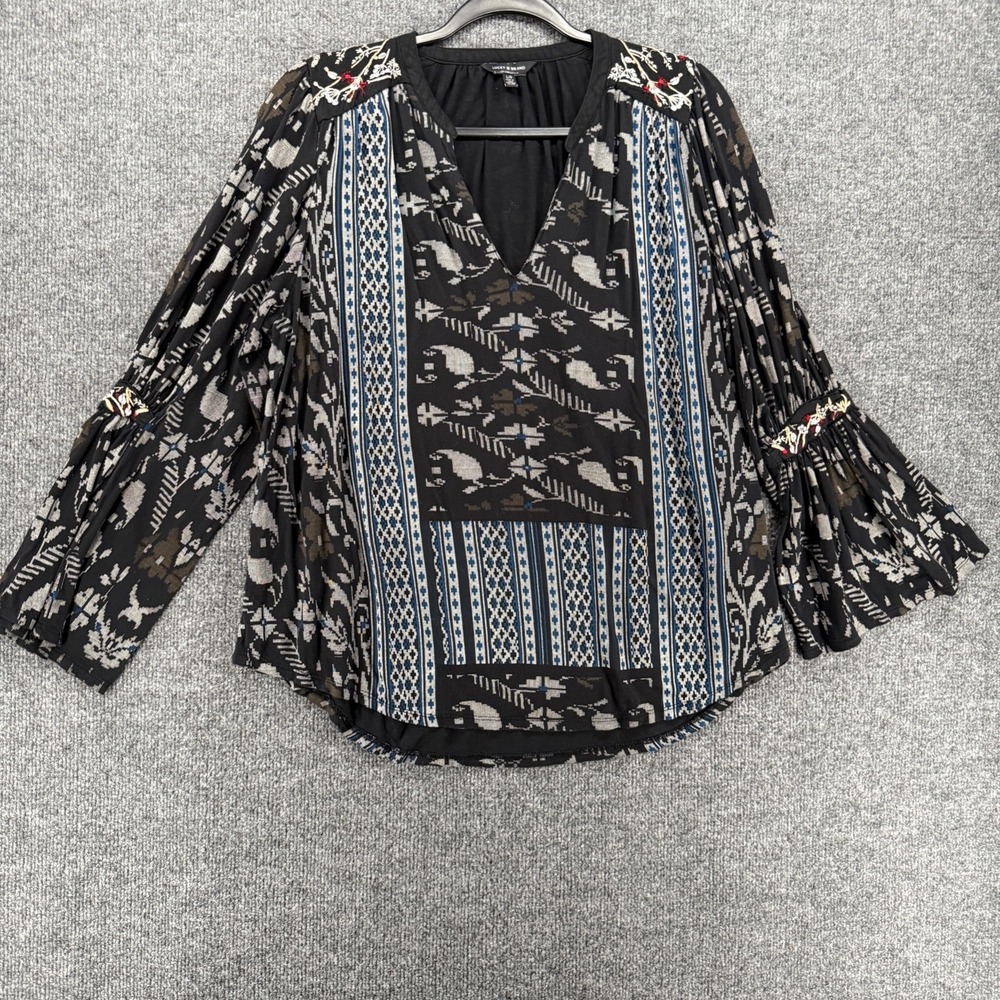 Lucky Brand Top Womens L Black Aztec V-Neck Boho Cottagecore Peasant Western